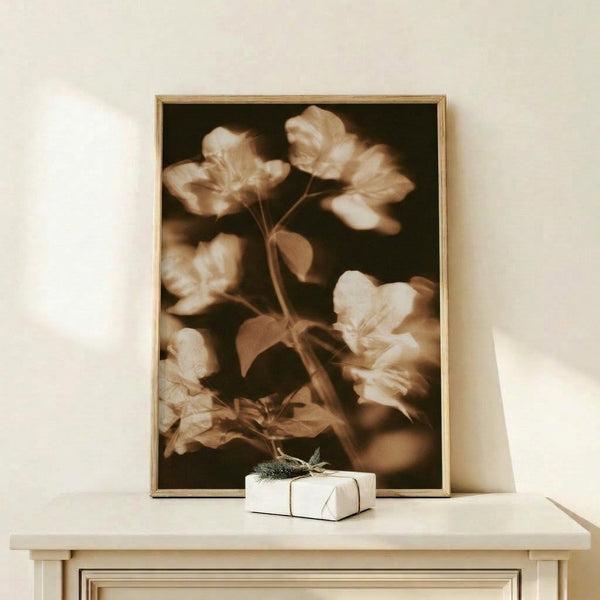 Antique-style flower study rendered in soft sepia and tan hues with impressionistic detail, capturing the serene, delicate nature of botanical art from the early twentieth century.