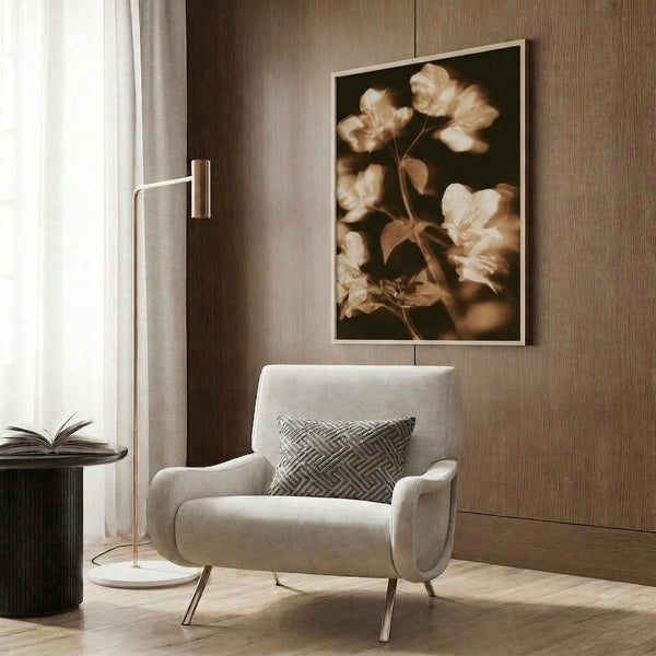 Vintage botanical poster in rich sepia tones depicting a tender flower and foliage with impressionistic technique, perfect for cottagecore or traditional home decor.