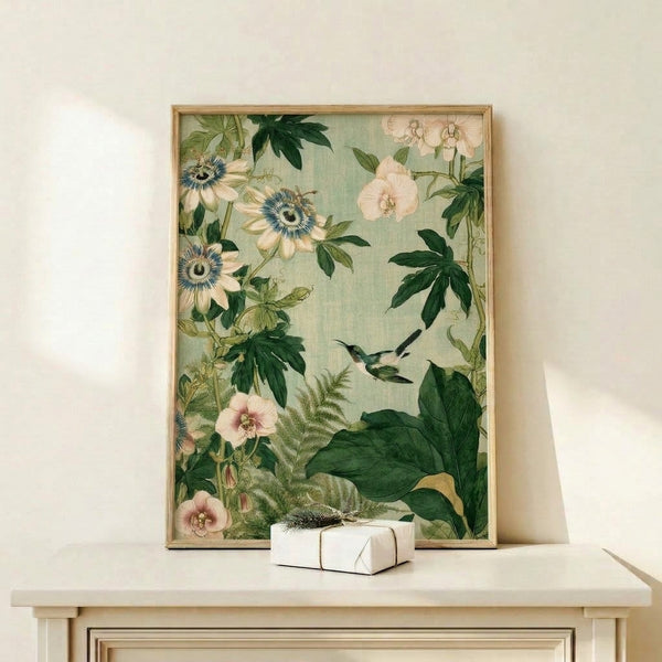 Vintage-style nature art print with an elegant hummingbird surrounded by ornate passionflower blooms and foliage in soft greens and muted pastels.
