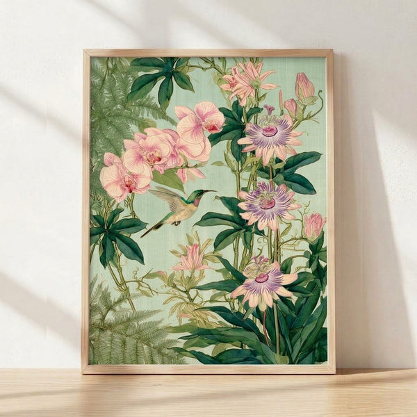 Vintage impressionist botanical poster featuring a delicate hummingbird among orchids, passion flowers, and daisies in soft cream, sage green, dusty pink, and lavender tones.