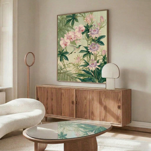Elegant naturalistic poster of a hummingbird surrounded by lush passion flowers, daisy blooms, and layered ferns in soft impressionist brushwork and calming sage and lavender hues.