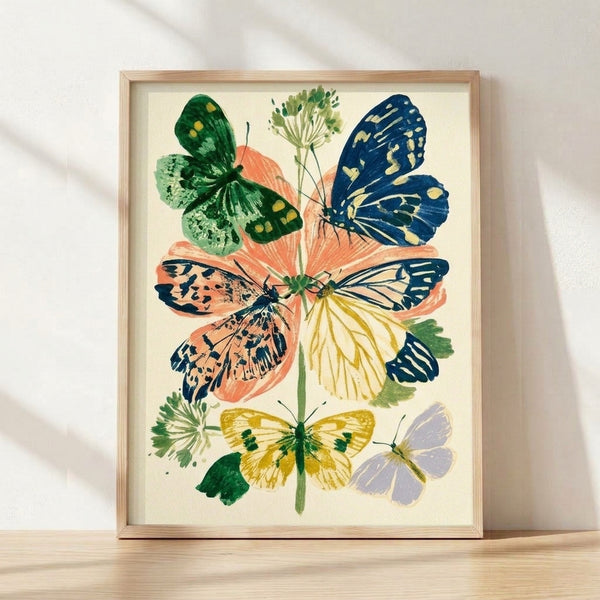 Framed vintage watercolor poster featuring a monarch butterfly among delicate coral and yellow flowers with forest green foliage on a cream background, creating an elegant and peaceful botanical composition.