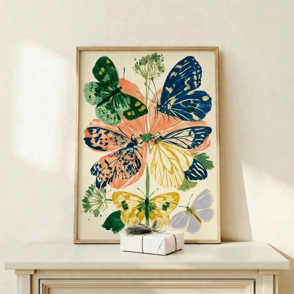 Vintage botanical art print in watercolor style showcasing a butterfly surrounded by blooming flowers in coral, yellow, and navy tones with soft cream backdrop, perfect for nature-inspired home décor.