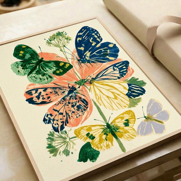 Elegant framed botanical print combining watercolor techniques with a butterfly motif among vintage flowers in navy, coral, yellow, and green tones on a soft cream background.