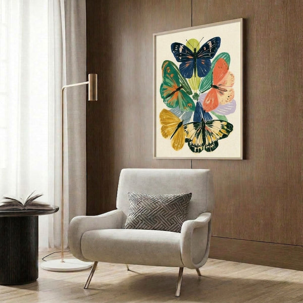 Elegant vintage butterfly and flower composition in muted naturalistic colors including navy, forest green, coral orange, and cream, presented as a framed poster with calm, serene aesthetic.