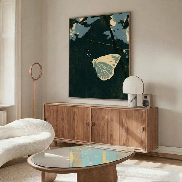 Serene botanical wall art showcasing a pale butterfly against shadowy forest leaves and dusty gold accents, with a minimalist vintage style and tranquil atmosphere.