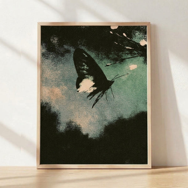 Framed vintage-style Japanese woodblock poster featuring a delicate moth in forest green and cream tones against a pale blue background, evoking a contemplative twilight mood.