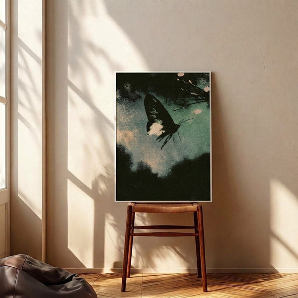 Framed dark academia wall art featuring a contemplative moth rendered in vintage Japanese poster style, with forest green, cream, and charcoal tones on a twilight blue background.