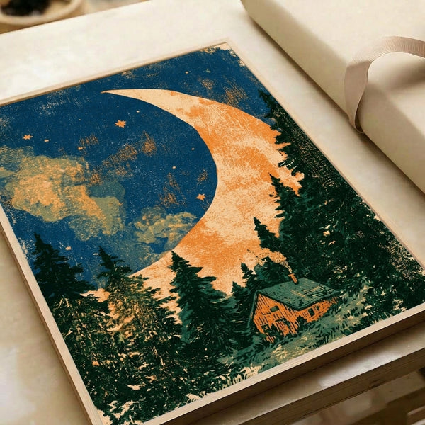 Framed poster art in retro style displaying a tranquil nighttime cabin view with crescent moon, forest silhouettes, and starry sky in soothing navy, forest green, and warm golden yellow hues.