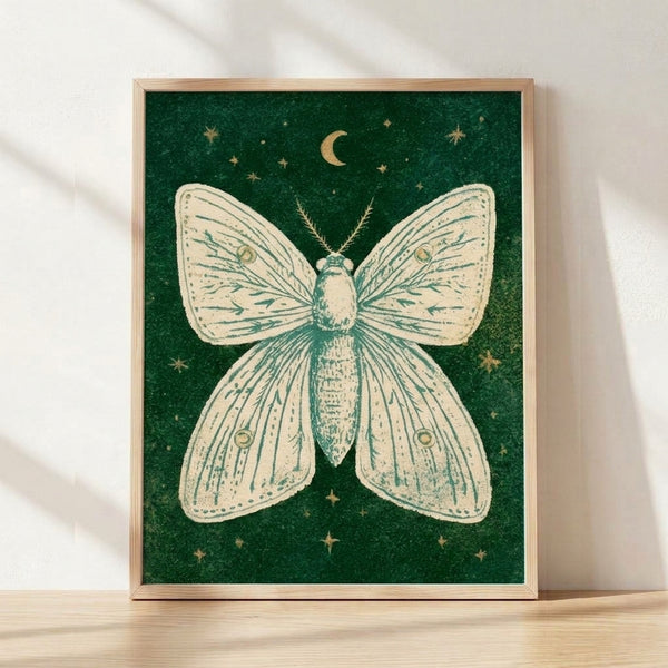 Framed poster of a delicate luna moth with spread wings beneath a crescent moon and scattered stars, rendered in vintage minimalist style with forest green, cream, gold, and teal tones creating a dreamy nocturnal atmosphere.
