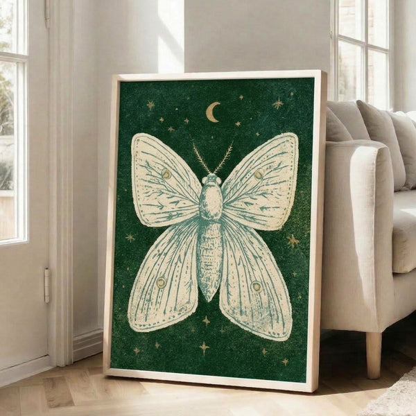 Cream and forest green vintage art print featuring a graceful moth silhouette against a celestial night sky with moon and stars, blending cottagecore and dark academia aesthetics in a whimsical minimalist composition.