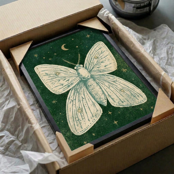 Vintage-style nature print showing an ethereal moth poised beneath stars and moon in forest green and cream, capturing a whimsical, peaceful nighttime mood perfect for cottagecore and gothic decor.