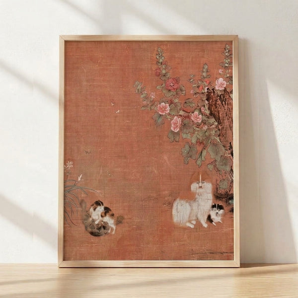 Vintage-style framed poster featuring long-haired cats among peonies and butterflies in soft terracotta, dusty rose, and sage green tones, inspired by classical Asian silk scroll painting.