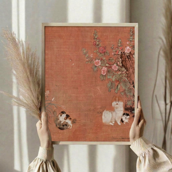 Serene Japandi art print showing graceful cats with delicate flowers and architectural ruins in a muted palette of cream, brown, and soft pastels, evoking nostalgic Eastern aesthetics.