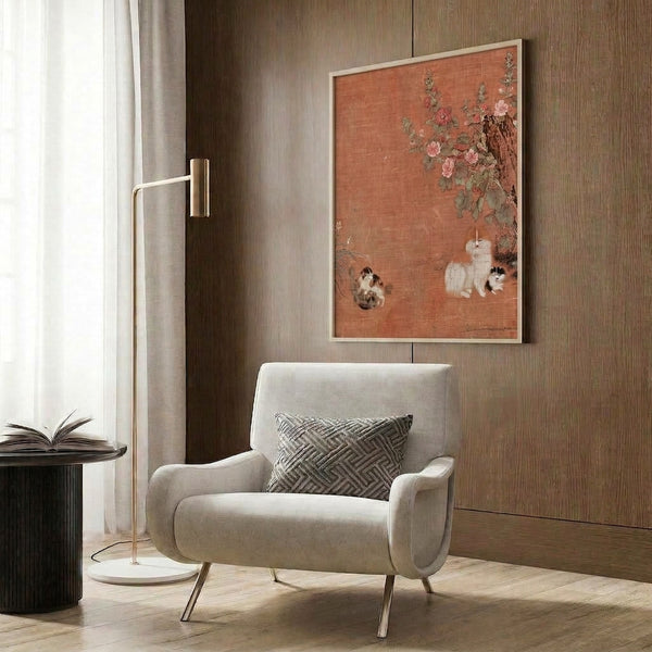 Tranquil vintage poster blending cats, botanical elements, and architectural details in soft sage green and cream tones, capturing the serene elegance of classical East Asian scroll art.