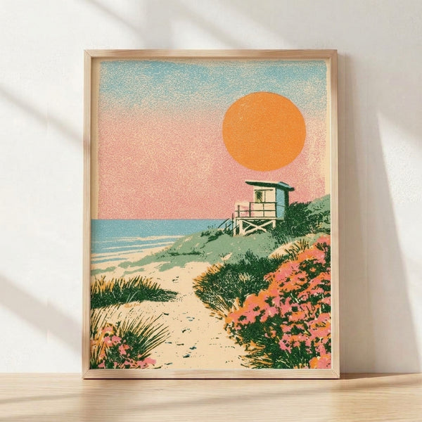 Vintage-style coastal poster featuring a golden sunset over the ocean with a red lifeguard tower, sandy beach path bordered by dunes and wildflowers in coral pink, teal, and cream tones.