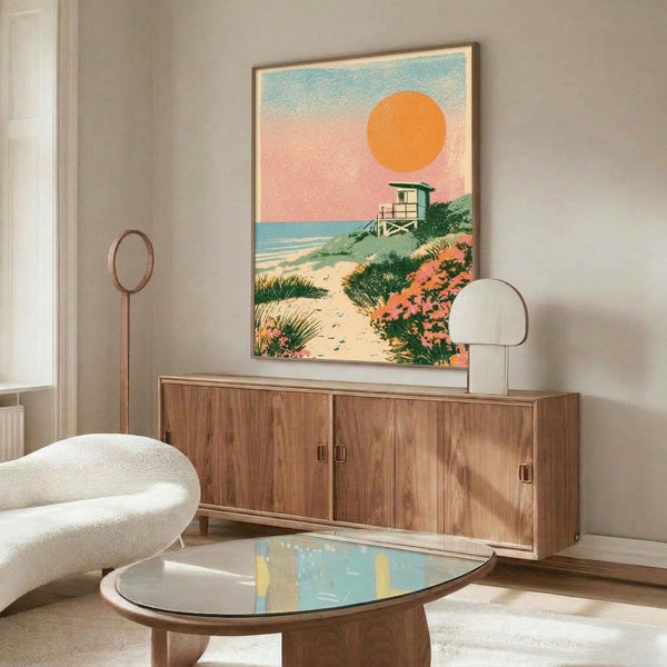 Summery coastal wall art in retro palette depicting a tranquil beach sunset, weathered lifeguard stand, ocean horizon, and dune vegetation in warm golden and cool teal hues.