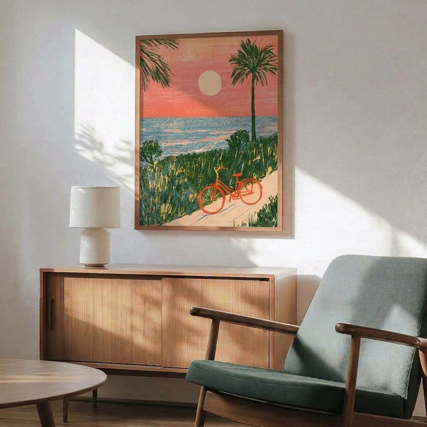 Nostalgic retro-style poster of a beach bicycle scene at sunset, with palm trees and ocean landscape in coral, teal, and sand beige tones, evoking a peaceful, optimistic mood.