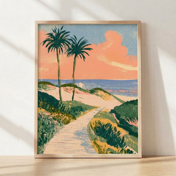 Retro coastal landscape poster featuring palm trees lining a sandy path toward the ocean at sunset, rendered in warm coral, teal, sage green, and golden yellow tones.