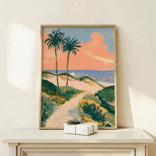 Vintage-style beach scene with silhouetted palms and dunes leading to a serene sea under soft clouds, dominated by peachy coral and cool blue hues.