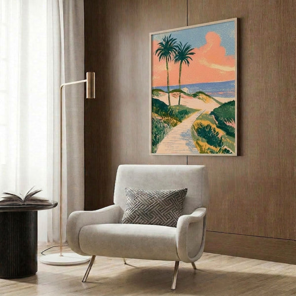 Nostalgic travel poster of a tropical shoreline path bordered by palm fronds, with ocean and sky in muted retro colors of cream, teal, and warm gold.