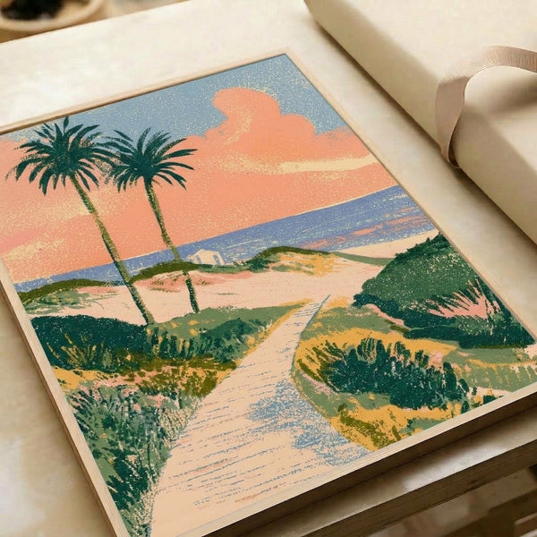 Peaceful beach landscape art print in retro style showing a palmlined sand dune passage opening to calm waters, rendered in sage, coral, and dusty blue tones.