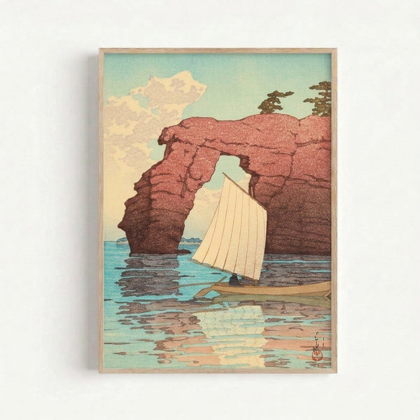 Serene seascape with a small sailboat dwarfed by towering sandstone arch formation, nostalgic watercolor style poster in muted coastal colors.