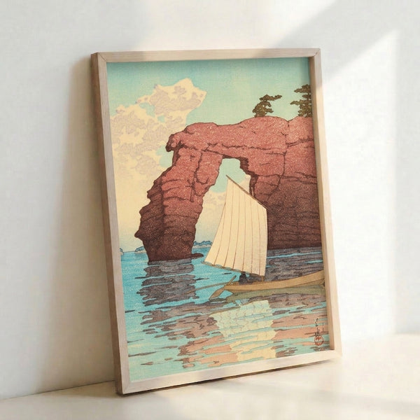 Adventurous sailing scene featuring a lone boat under an iconic natural rock archway with distant cliffs and trees, vintage-inspired art print in warm and cool earth tones.