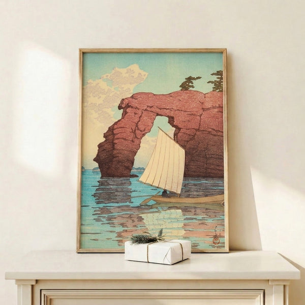 Cottage-core coastal artwork depicting a sailboat journey through scenic red rock landscape with arched formation, framed in calming mint, turquoise, and tan palette.
