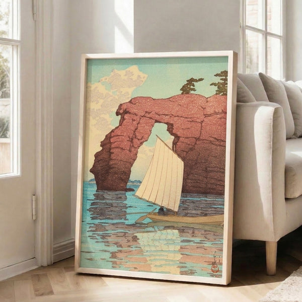 Tranquil nautical poster showing sailboat silhouetted against majestic cliff arch, vintage watercolor aesthetic with soft cream, terracotta, and sea-inspired hues.