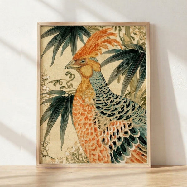 Vintage Art Nouveau framed poster featuring an elegant golden pheasant among delicate bamboo leaves and flowering stems in cream, teal-green, and pale gold tones.