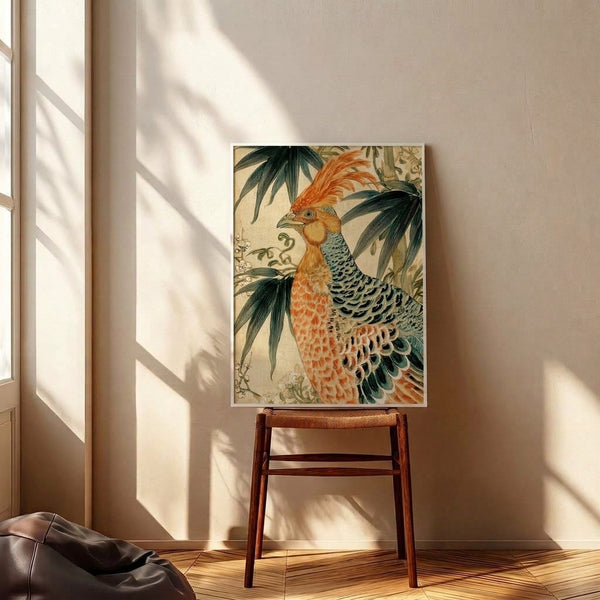 Ornate botanical art print with a naturalistic golden pheasant surrounded by intricate foliage and blossoms, rendered in soft cream and muted teal-green against a pale background.