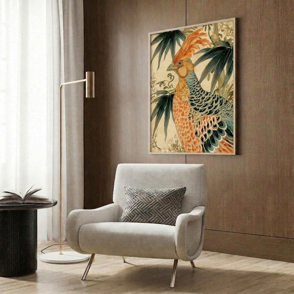 Framed vintage-style bird artwork depicting a majestic pheasant with ornamental feathers nestled among bamboo sprays and botanical details in warm gold and cool green hues.