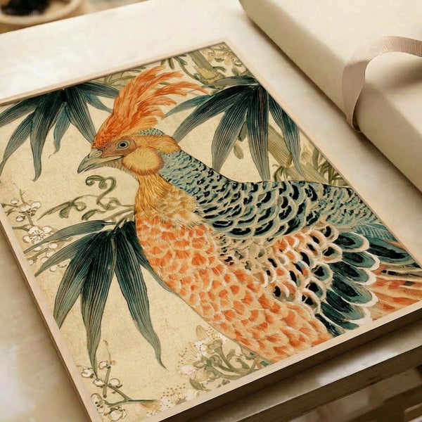 Elegant Art Nouveau wall art showcasing a golden pheasant in a graceful naturalistic composition with stylized leaves and flowering plants in cream, black, and teal-green.