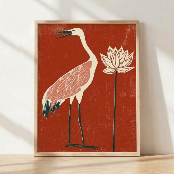 Framed vintage Art Deco poster featuring an elegant crane beside a blooming lotus flower in rust red, cream, and teal green tones, evoking serene Japandi style.