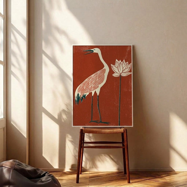 Japandi-inspired art print showing a graceful crane and lotus blossom rendered in warm rust red and coral pink with cool teal accents, capturing timeless elegance.