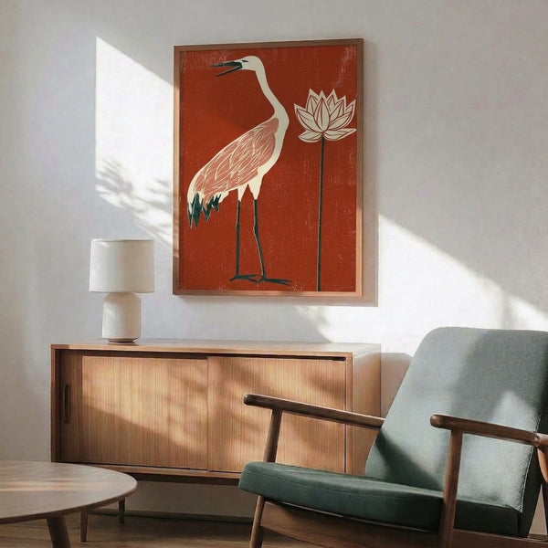 Vintage Art Nouveau wall poster with a solitary crane and ornate lotus flower in earthy rust red and cream palette, reflecting calm, refined Asian aesthetics.