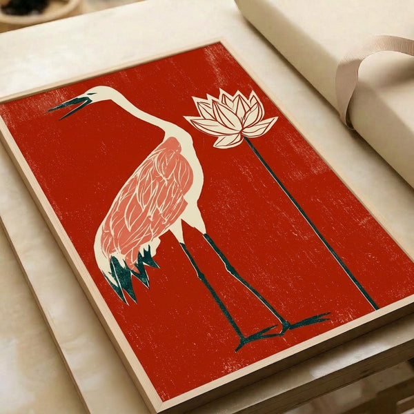 Serene framed artwork depicting a crane beside a lotus bloom in soft coral pink and rust red on cream background, blending Art Deco geometry with Japandi tranquility.
