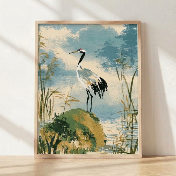 Vintage-style framed poster of a red-crowned crane standing in misty wetlands surrounded by reeds, rendered in serene teal, cream, and forest green tones.