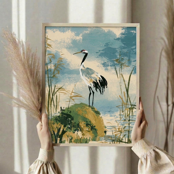 Framed art print depicting a solitary crane in a peaceful wetland landscape with soft golden-brown and teal coloring in retro style.