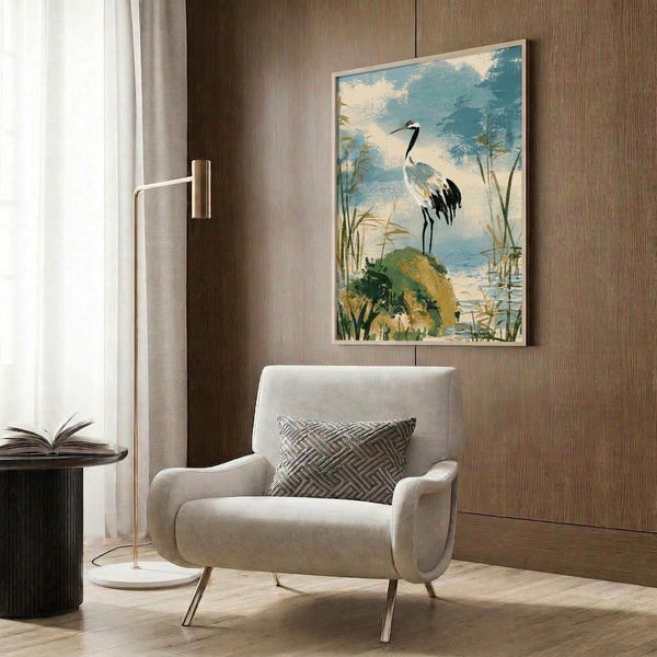 Nostalgic crane bird artwork in warm cream and cool teal palette showing the bird amid reeds and water, displayed as a framed print.