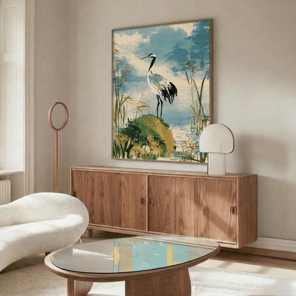 Serene vintage nature scene framed print featuring a red-crowned crane in its wetland habitat with muted forest green and golden-brown accents.