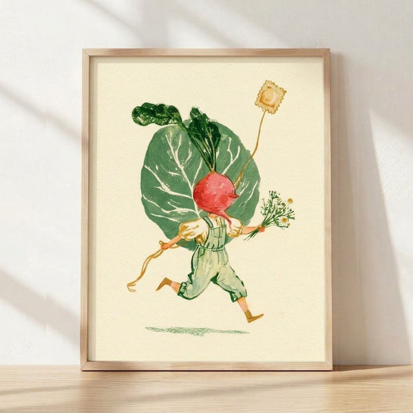 Whimsical folk art poster featuring a cheerful radish character with green leafy crown and coral-red body, rendered in vintage watercolor style with cream, golden yellow, and green accents.