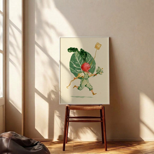 Vintage-inspired watercolor print of a playful radish figure adorned with botanical leaves and flowers, evoking nostalgic cottagecore charm in warm coral and golden tones against cream background.
