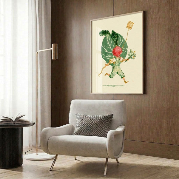 Folk art style framed poster depicting an imaginative radish character with decorative foliage, painted in soft watercolor with a palette of cream, green, coral-red, and golden yellow hues.