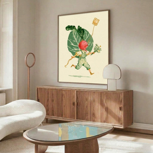 Cheerful botanical folk art print showing a whimsical radish personage with leafy crown and cheerful expression, created in nostalgic watercolor technique featuring coral, cream, and golden green tones.