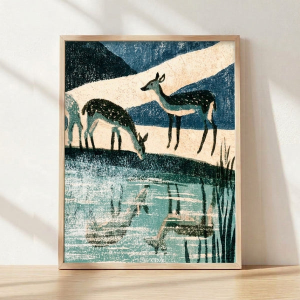 Vintage minimalist painting of a spotted deer standing at a watering hole surrounded by forested mountains, rendered in soft cream, teal, and dark blue-green tones with a serene, nostalgic mood.