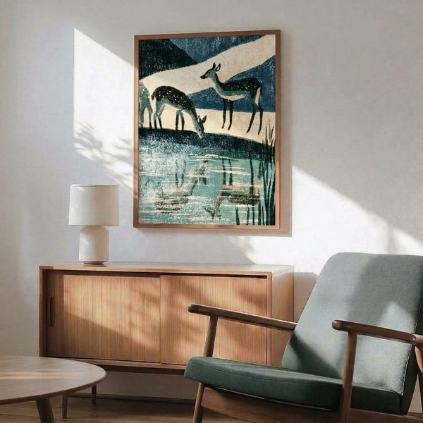 Japandi-inspired wall art showing a spotted deer in a mountain landscape with layered forest, executed in restful cream, pale yellow, and dark teal tones with minimalist composition.