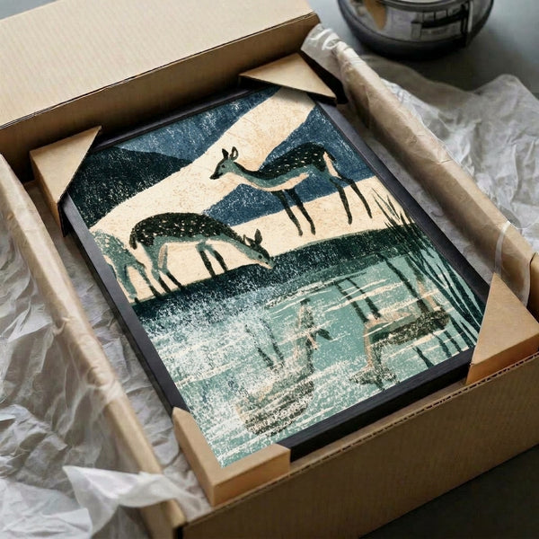 Serene vintage landscape print of a deer at a mountain watering hole surrounded by forest, featuring a calm palette of cream, teal, and black in mid-century minimalist style.