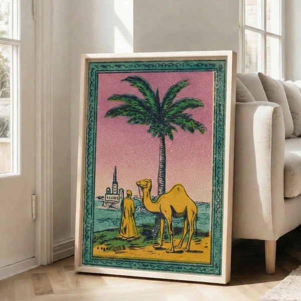 Vintage folk art poster showing a desert caravan scene with camel and palm trees in golden yellow, sage green, and warm mauve tones; adventurous, nostalgic mood.